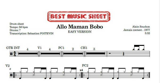 Sample drum sheet easy of Allo Maman Bobo by Alain Souchon