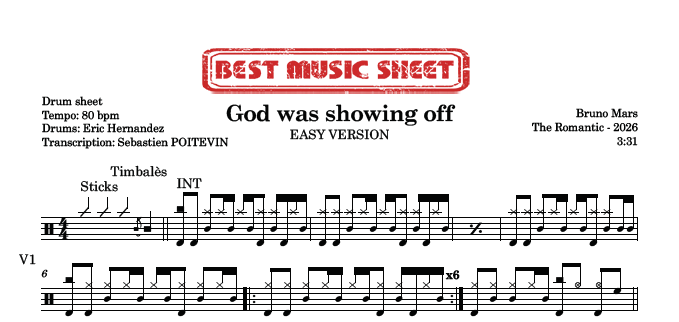 Sample drum sheet easy of God Was Showing Off by Bruno Mars
