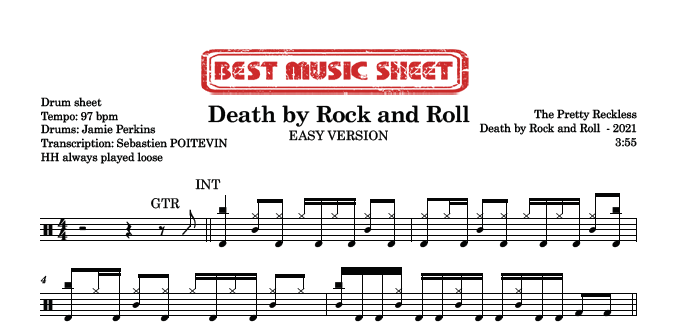 Sample drum sheet easy of Death by Rock and Roll by The Pretty Reckless