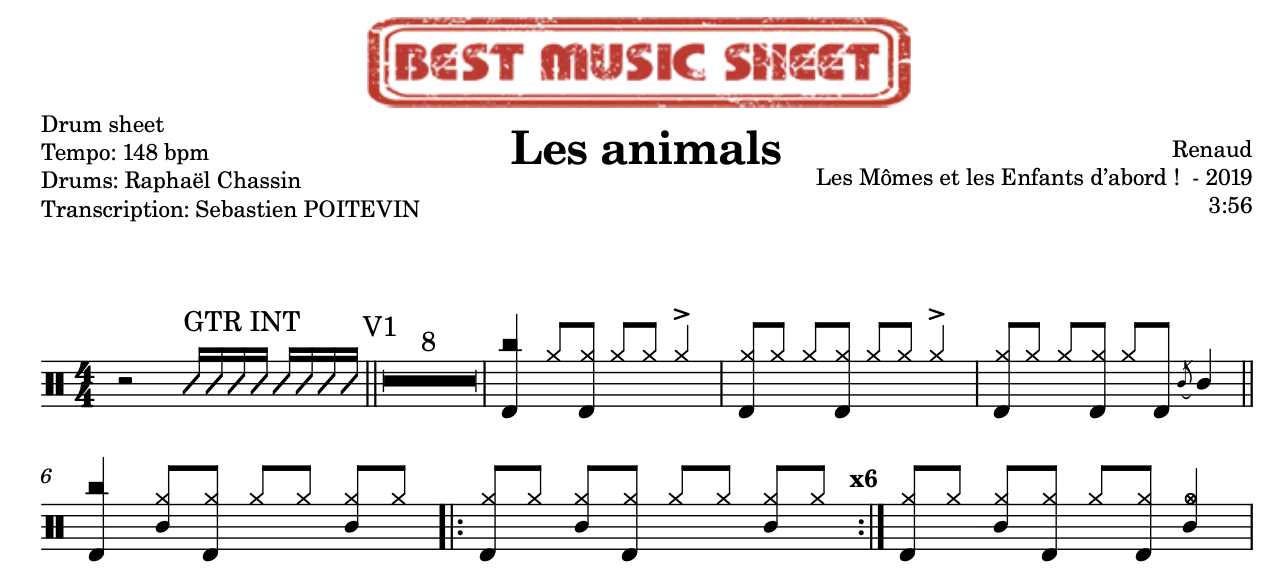 Sample drum sheet of Les Animals by Renaud