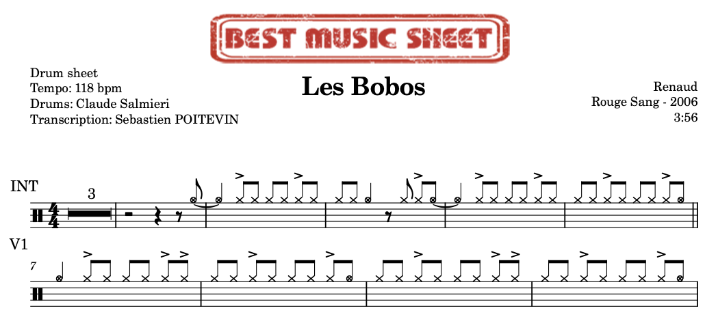 Sample drum sheet of Les Bobos by Renaud