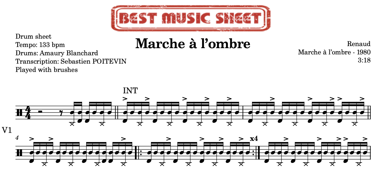 Sample drum sheet of Marche a l'ombre by Renaud