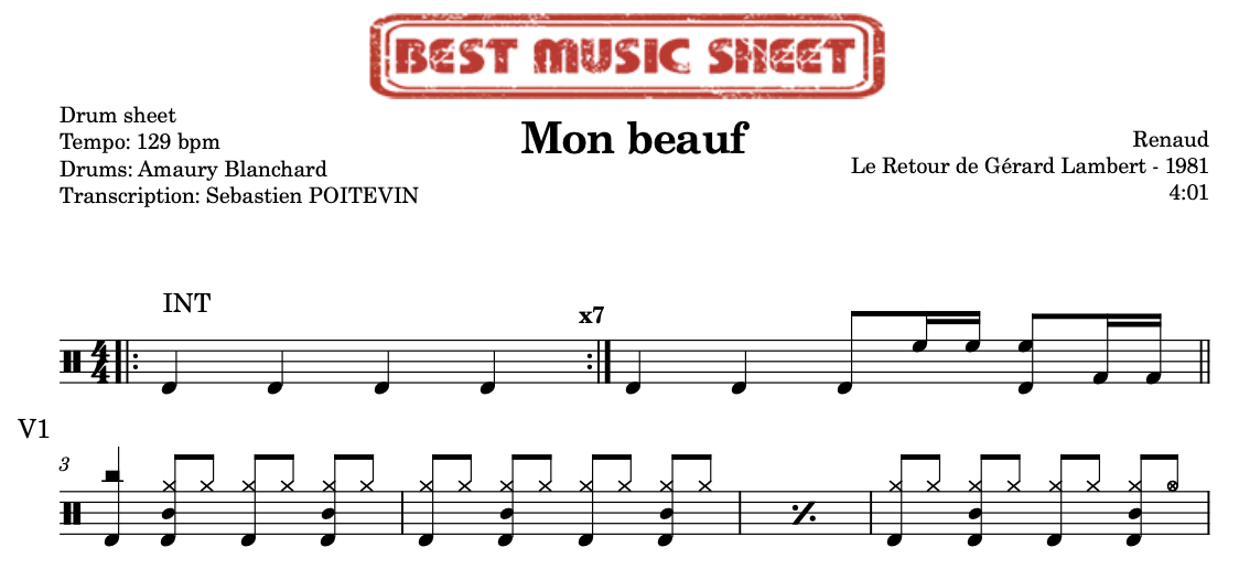 Sample drum sheet of Mon Beauf by Renaud