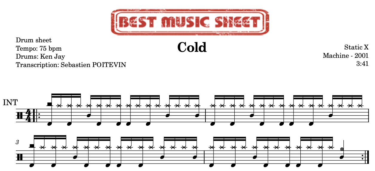 Sample drum sheet of Cold by Static X