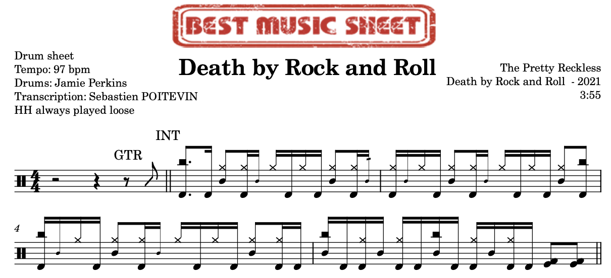 Sample drum sheet of Death by Rock and Roll by The Pretty Reckless