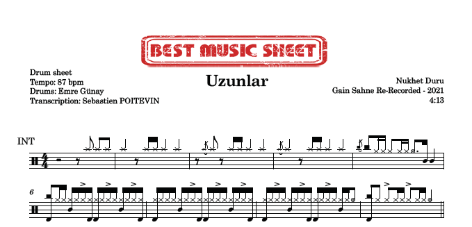 Sample drum sheet of Uzunlar by Nukhet Duru