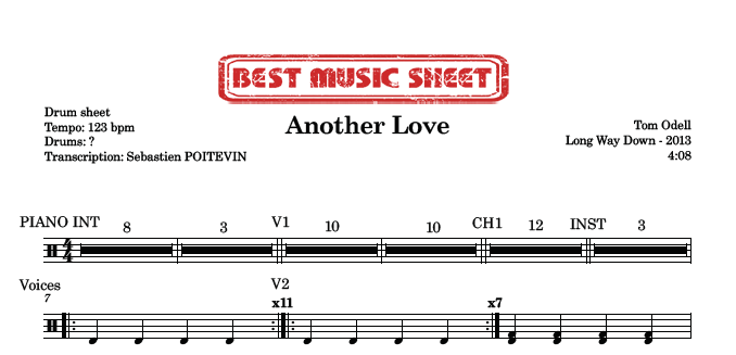Sample drum sheet of Another Love by Tom Odell