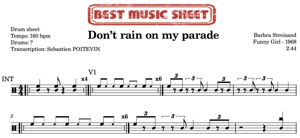 Sample drum sheet of Don't Rain On My Parade by Barbra Streisand