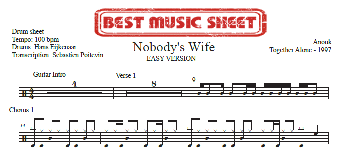 Sample drum sheet easy of Nobody's Wife by Anouk