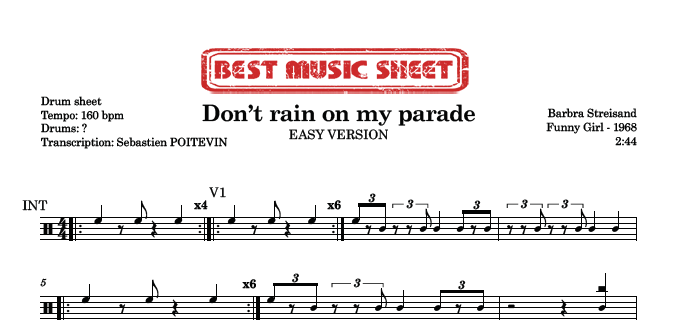 Sample drum sheet easy of Don't Rain On My Parade by Barbra Streisand