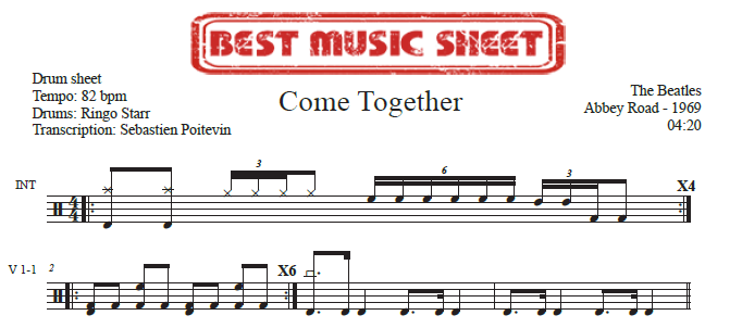 Sample drum sheet easy of Come Together by The Beatles