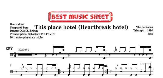 Sample drum sheet easy This Place Hotel (Heartbreak Hotel) by The Jacksons