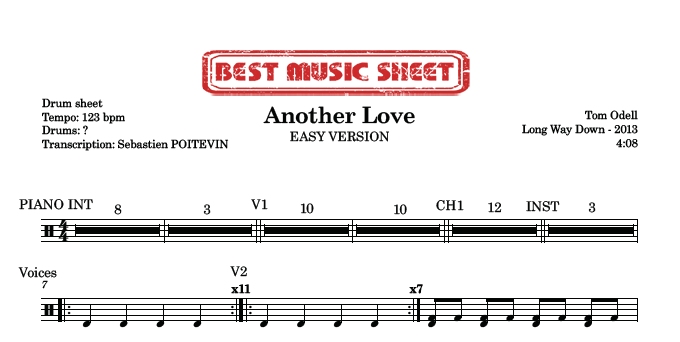 Extrait partition de batterie facile Another Love de Tom Odell