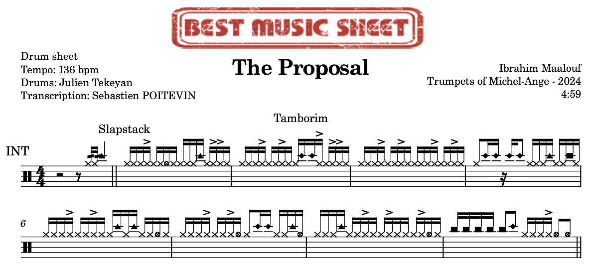 Sample drum sheet of The Proposal by Ibrahim Maalouf