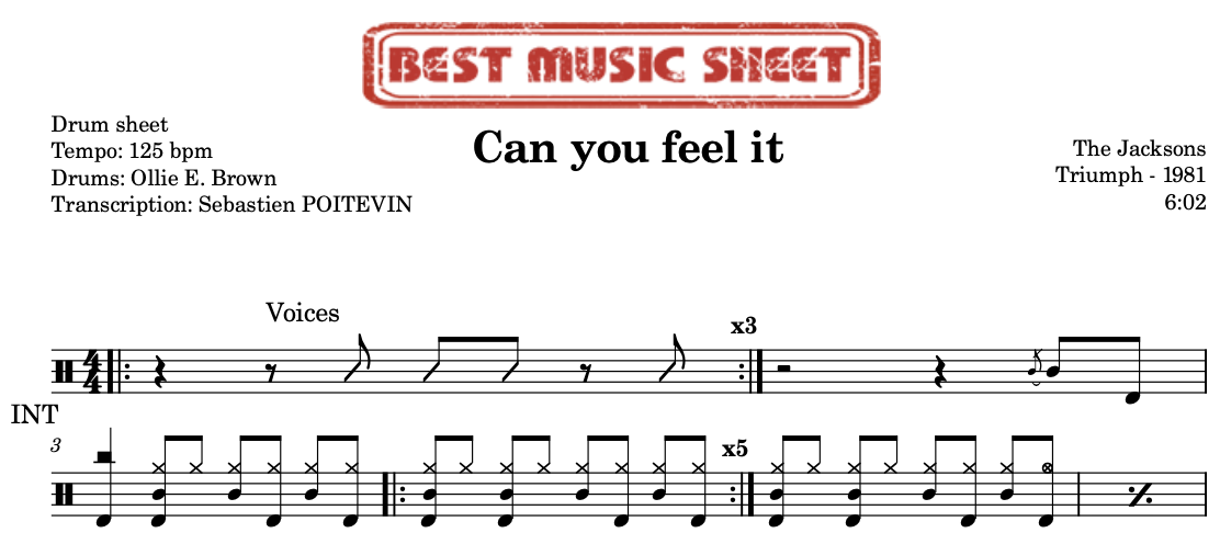 Sample drum sheet of Can You Feel It by The Jacksons