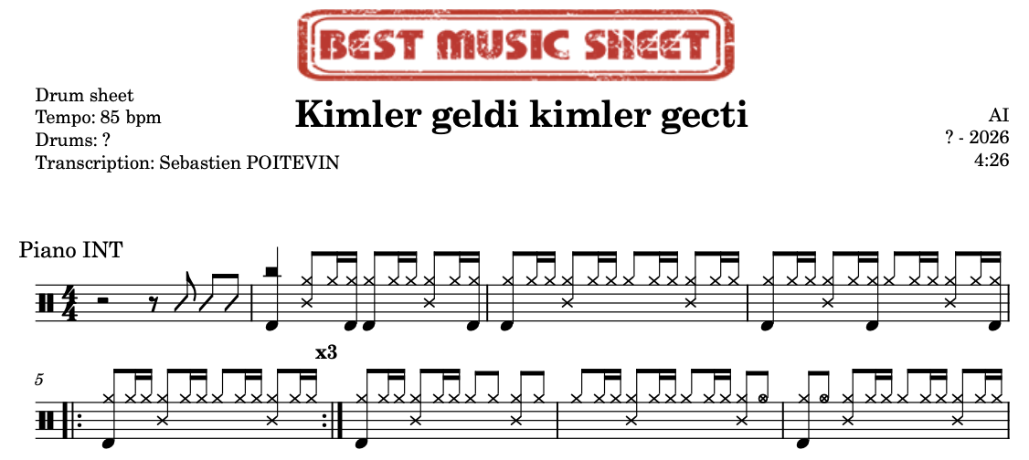 Sample drum sheet of Kimler geldi kimler gecti by AI