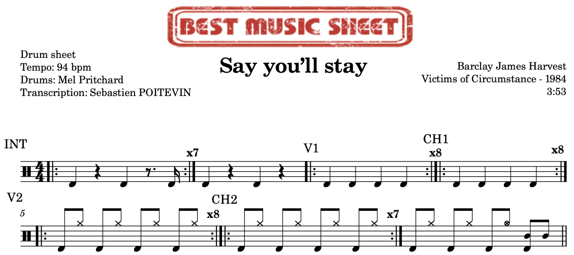 Sample drum sheet of Say you’ll stay by Barclay James Harvest
