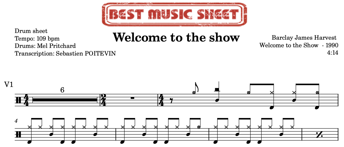 Sample drum sheet of Welcome to the show by Barclay James Harvest
