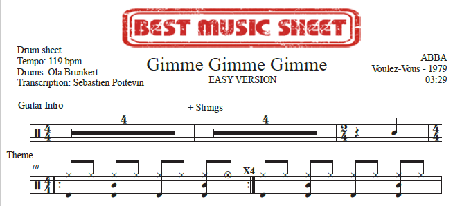 Extrait partition de batterie facile Gimme Gimme Gimme de ABBA