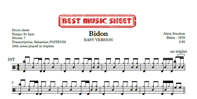 Sample drum sheet easy of Bidon by Alain Souchon