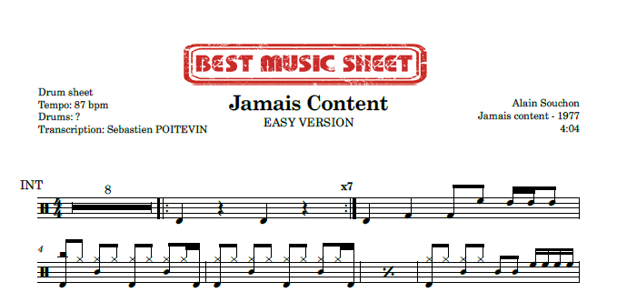 Sample drum sheet easy of Jamais Content by Alain Souchon