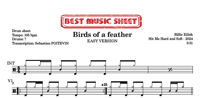 Sample drum sheet easy of Birds of a feather by Billie Eilish
