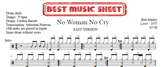 Sample drum sheet easy of No Woman No Cry by Bob Marley