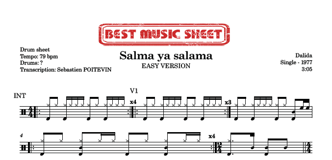 Sample drum sheet easy of Salma Ya Salama by Dalida