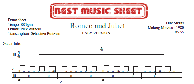 Sample drum sheet easy Romeo and Juliet by Dire Straits