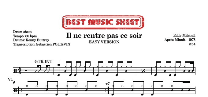 Sample drum sheet easy of Il ne rentre pas ce soir by Eddy Mitchell