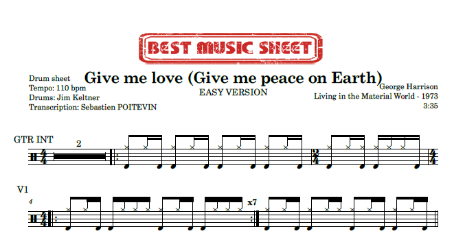 Sample drum sheet easy of Give Me Love by George Harrison
