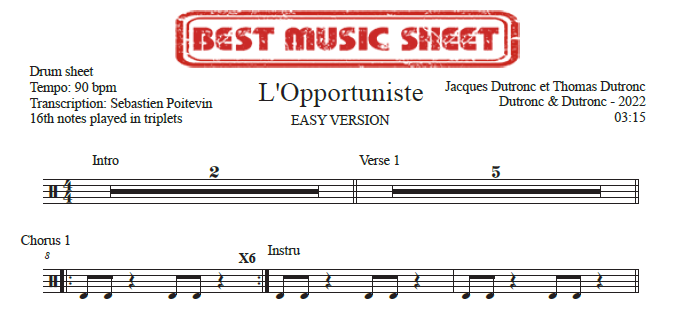 Sample drum sheet easy of L'Opportuniste by Jacques Dutronc et Thomas Dutronc