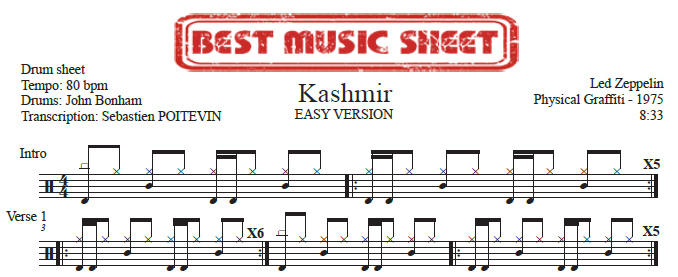 Sample drum sheet easy of Kashmir by Led Zeppelin