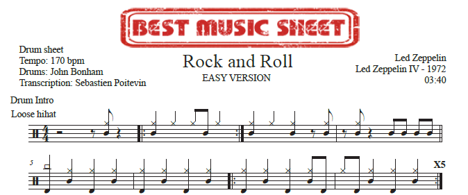 Sample drum sheet easy of Rock and Roll by Led Zeppelin