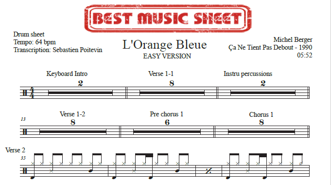 Extrait partition de batterie facile L'Orange Bleue de Michel Berger