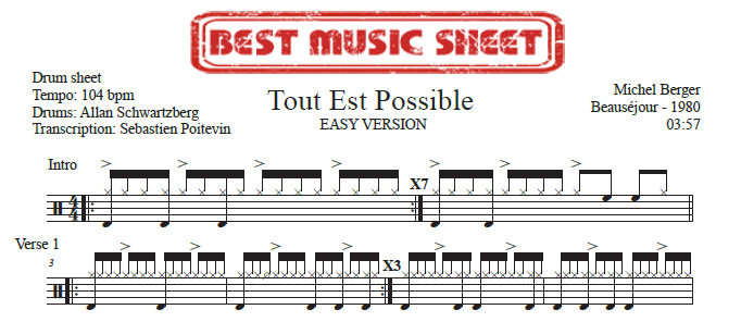 Sample drum sheet easy of Tout Est Possible by Michel Berger