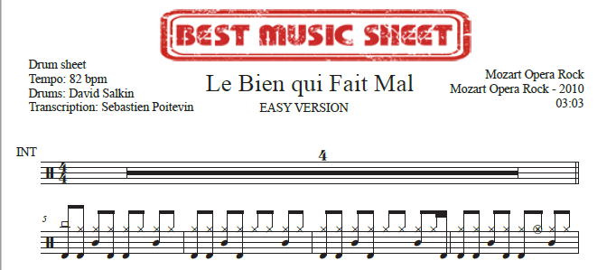Extrait partition de batterie Le Bien qui Fait Mal de Mozart Opera Rock