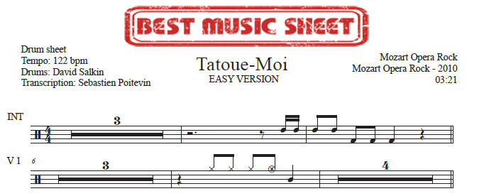 Extrait partition de batterie Tatoue-Moi de Mozart Opera Rock