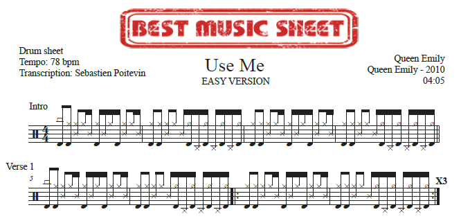 Sample drum sheet easy Use Me by Queen Emily