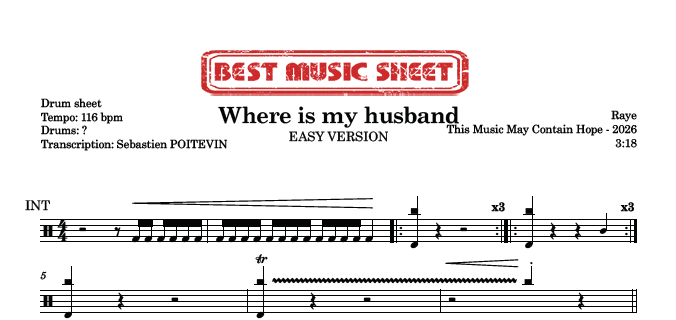 Sample drum sheet easy of Where is my husband by Raye