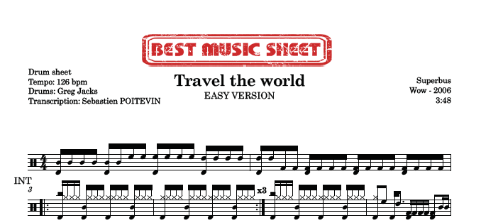Sample drum sheet easy of Travel the World by Superbus