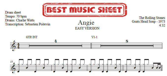 Sample drum sheet easy of Angie by The Rolling Stones