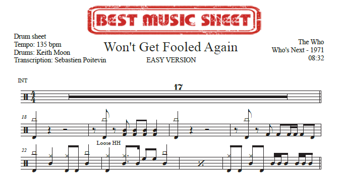 Sample drum sheet easy of Won't Get Fooled Again by The Who