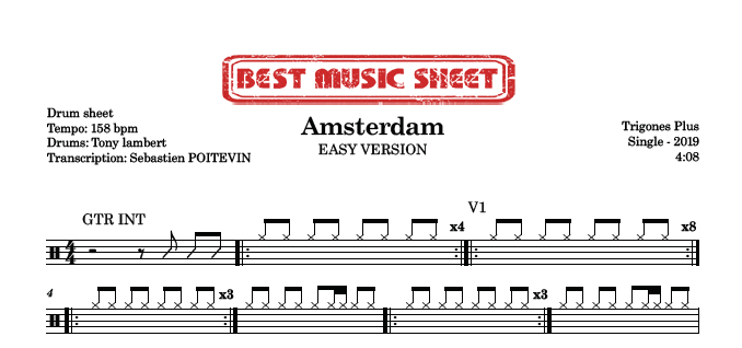 Extrait partition de batterie facile Amsterdam de Trigones Plus