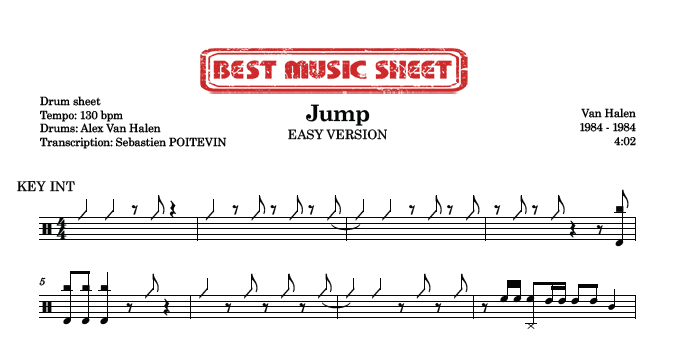 Sample drum sheet easy of Jump by Van Halen