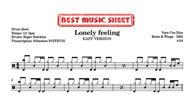 Sample drum sheet easy of Lonely Feeling by Vaya Con Dios