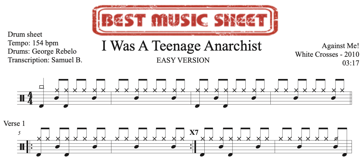 Sample drum sheet easy of I Was A Teenage Anarchist by Against Me!