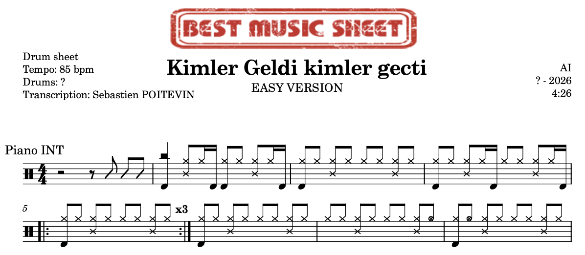 Sample drum sheet easy of Kimler geldi kimler gecti by AI