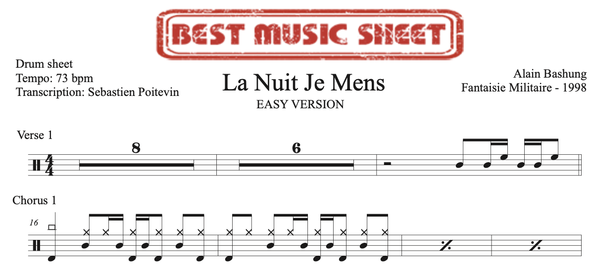 Sample drum sheet easy of La Nuit Je Mens by Alain Bashung