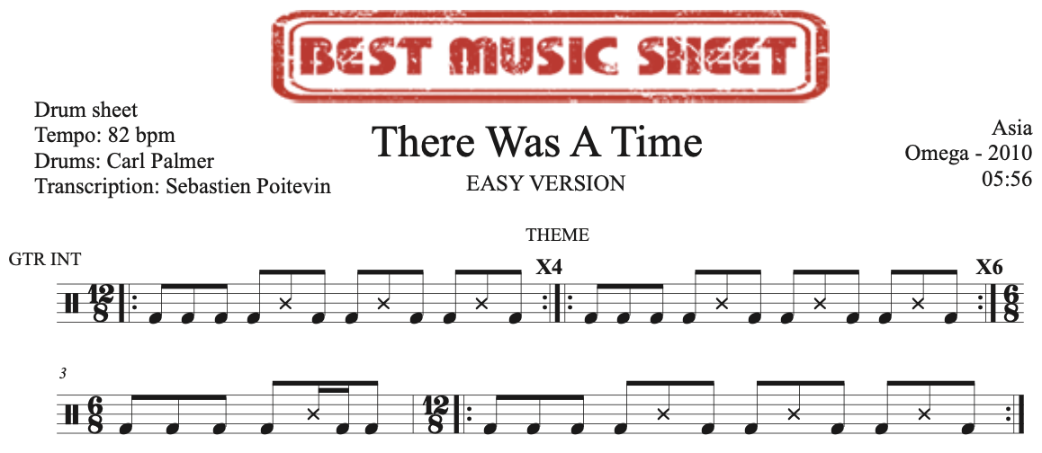 Sample drum sheet easy of There Was A Time by Asia